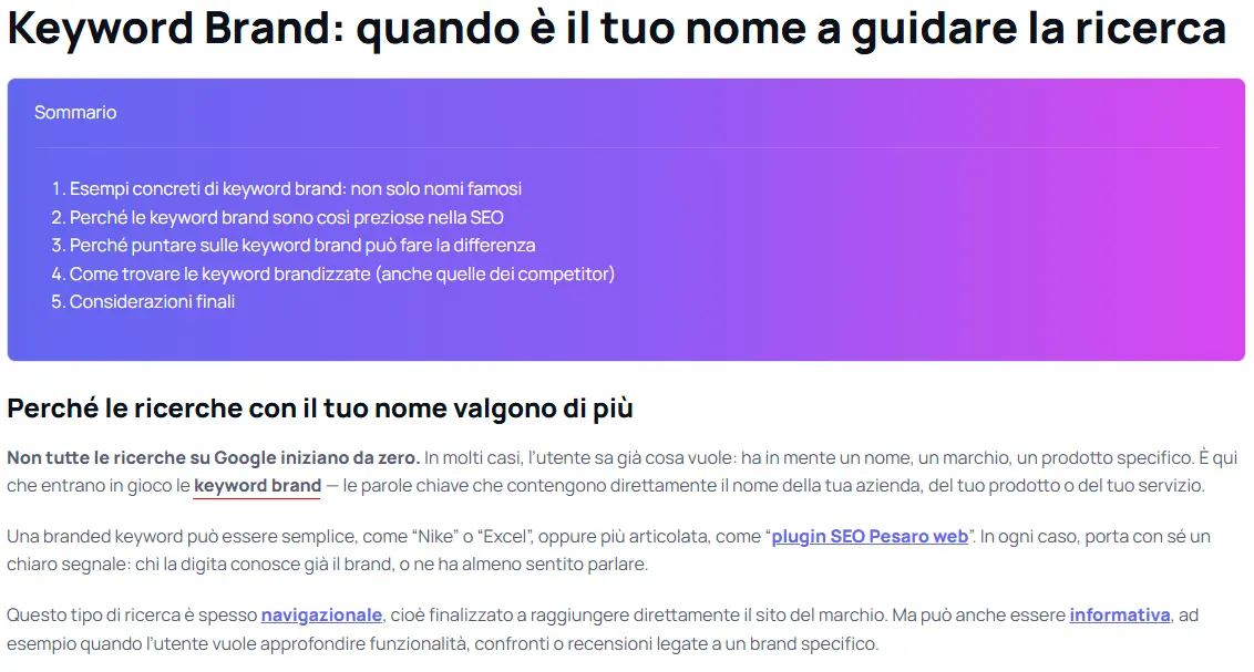 Parole chiave evidenziate all'interno del corpo di un contenuto web