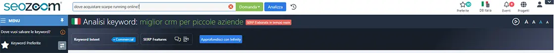immagine illustrativa che evidennzia lo strumento seozoom che suggerisce la tipologia di parola chiave esempio di ricerca di una query di tipo commerciale