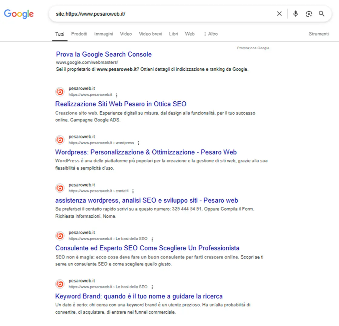 Esempio di sito correttamente indicizzato da Google Pagina indicizzata visibile nei risultati di Google