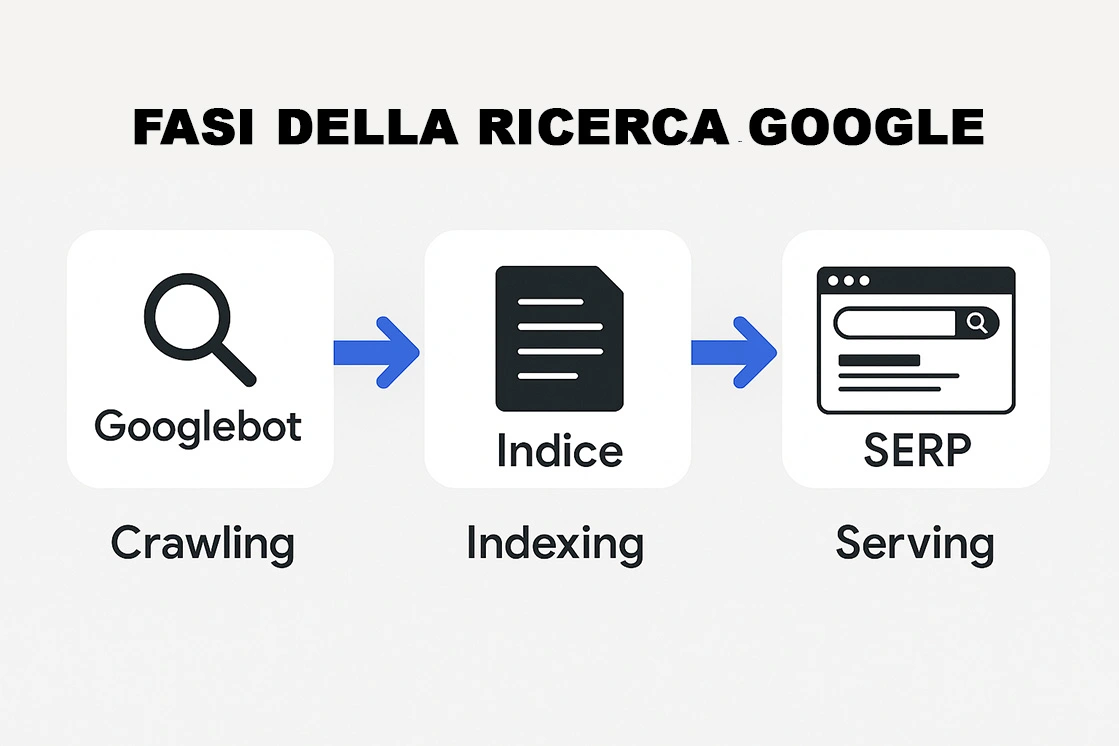 Come Google scopre e mostra i contenuti nelle ricerche Schema delle tre fasi della Ricerca Google: scansione, indicizzazione e risposta