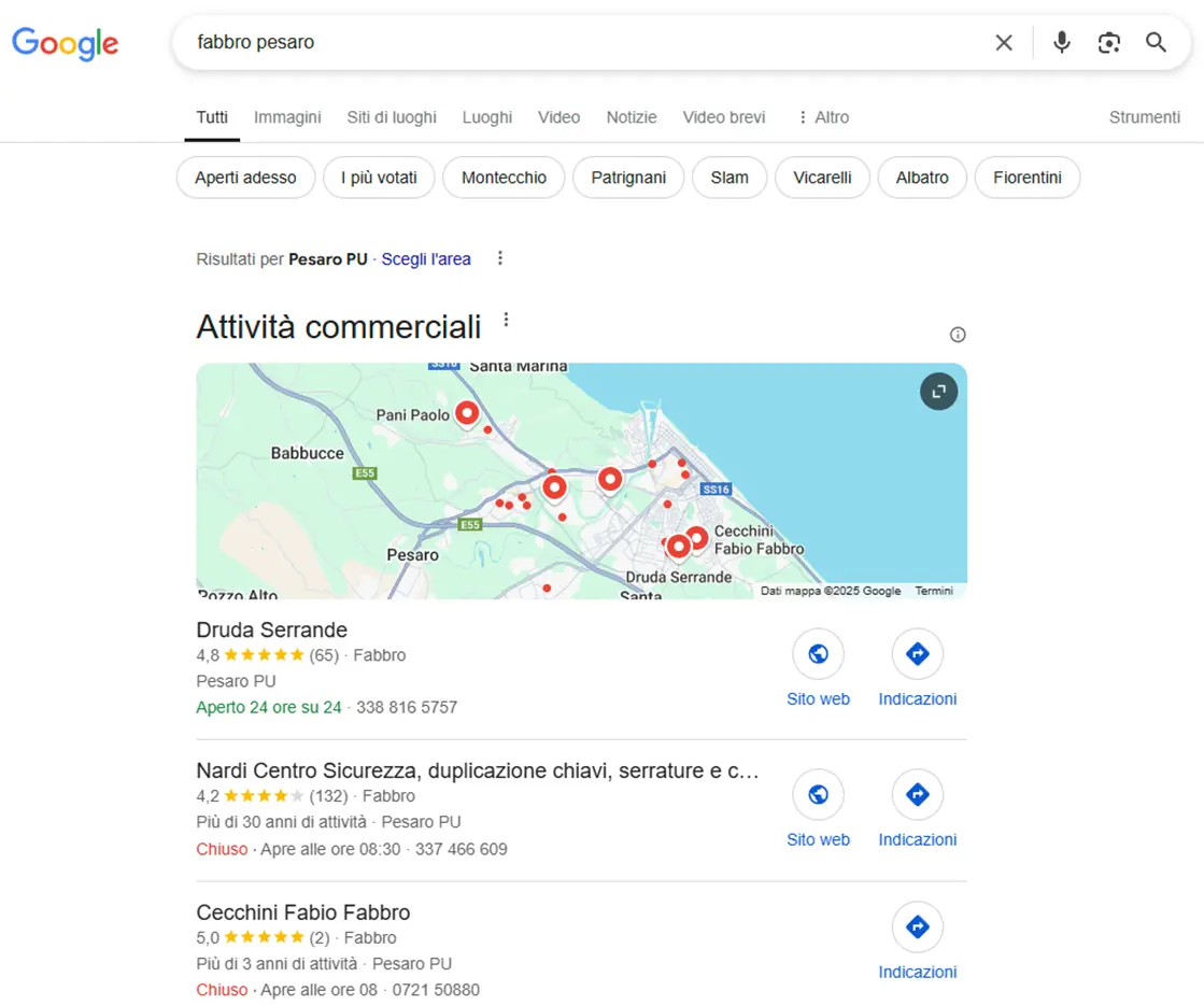 Google Local Pack per fabbro a Pesaro Esempio di risultati locali per fabbro a Pesaro