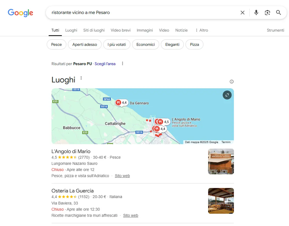 Google mostra il local pack per ricerche con 'vicino a me' Risultati locali per ristorante vicino a me a Pesaro