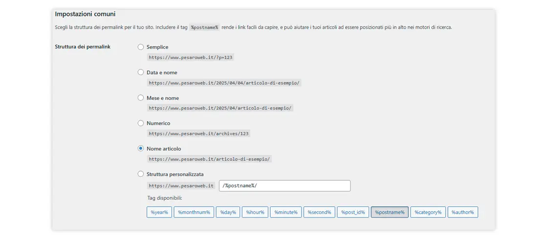 impostazioni permalink wordpress