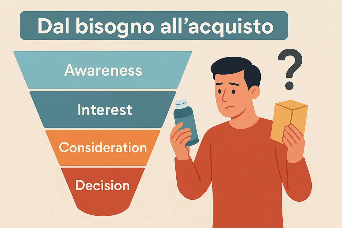 Infografica con le fasi del funnel del cliente che compara prodotti Infografica con le fasi del funnel e cliente che compara due prodotti