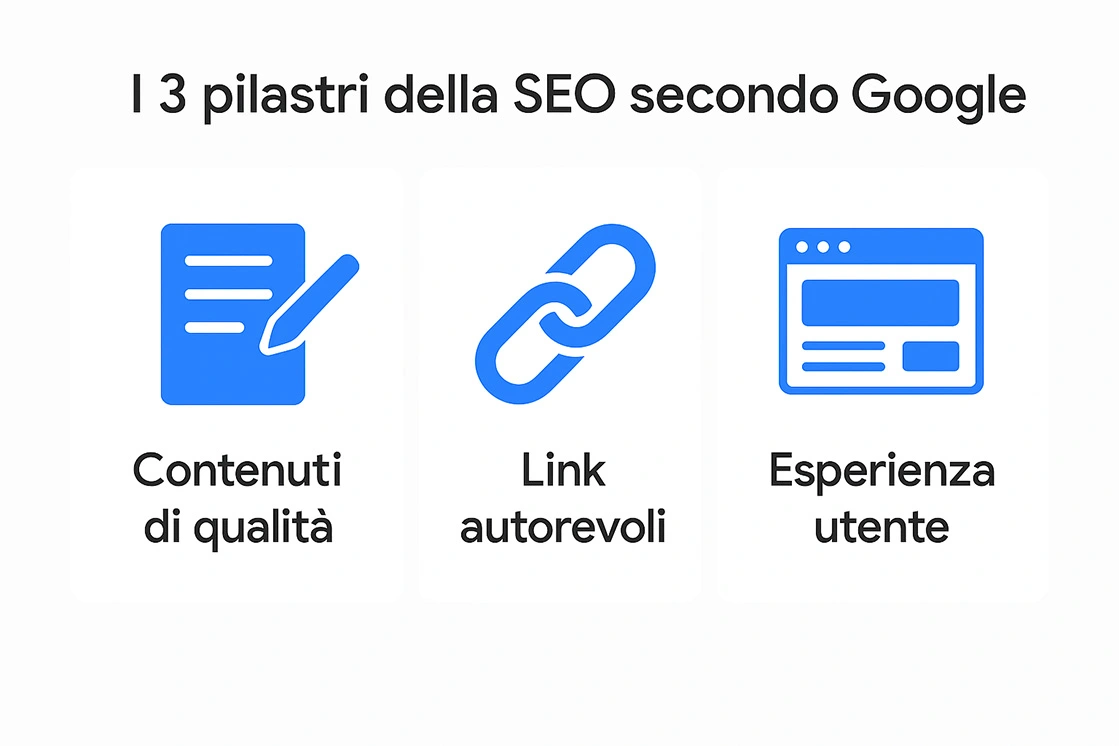 I 3 pilastri per posizionarsi su Google I principali fattori SEO: contenuto, link e user experience
