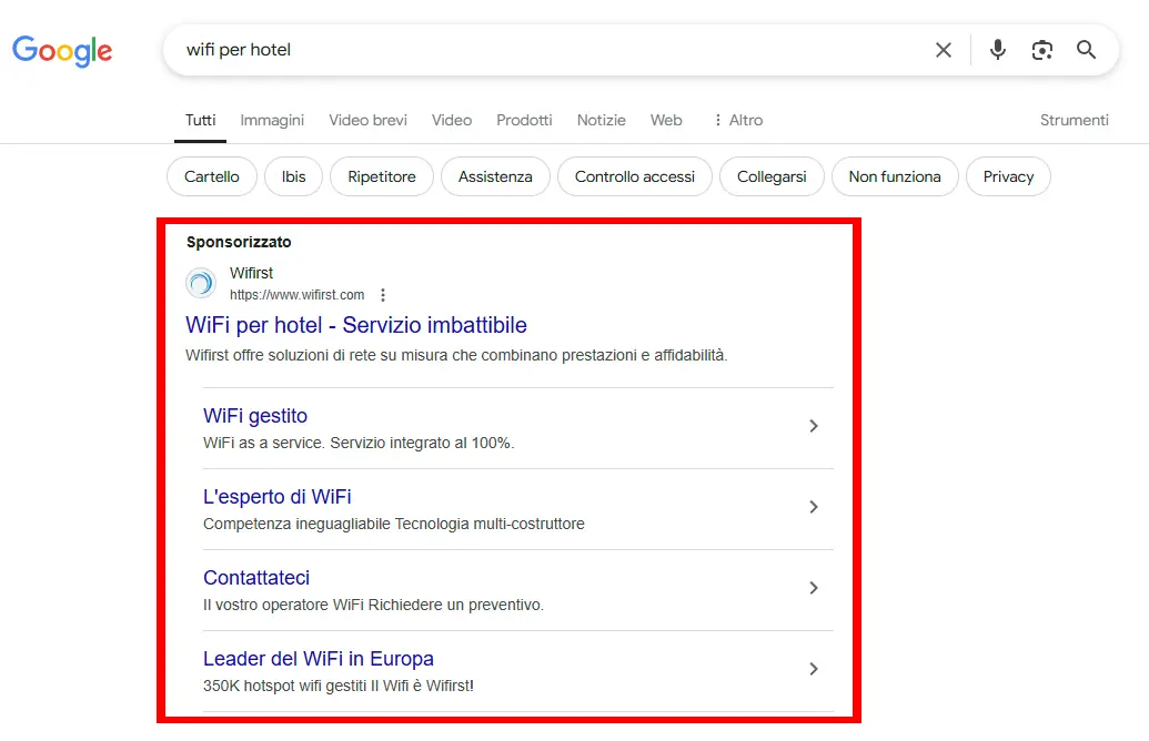 SERP Google per “wifi per hotel”: confronto tra PPC e SEO Esempio di risultati Google per “wifi per hotel” con annuncio sponsorizzato e risultato SEO